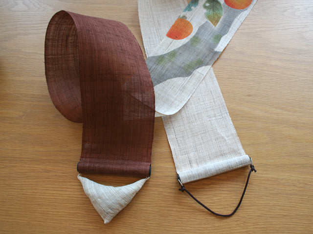Hand-dyed Linen Japanese Narrow Tapestry - Persimmon and Japanese White-eye -, Kyoto Noren, Japanese wall hanging scroll