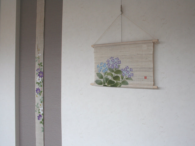 Hand-dyed Linen Japanese Narrow Tapestry - Clematis Patens -, Kyoto Noren, Japanese wall hanging scroll