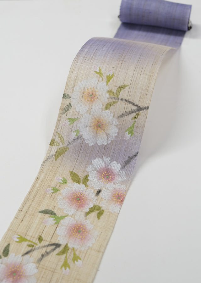 Hand-dyed Linen Japanese Narrow Tapestry - Double Cherry Blossom / Purple -, Kyoto Noren, Japanese wall hanging scroll