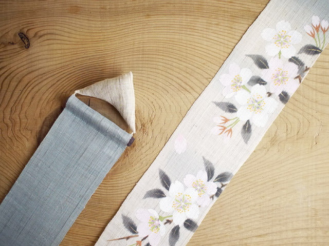 Hand-dyed Linen Japanese Narrow Tapestry - Prunus Serrulata(Japanese Cherry Blossom) -, Kyoto Noren, Japanese wall hanging scroll