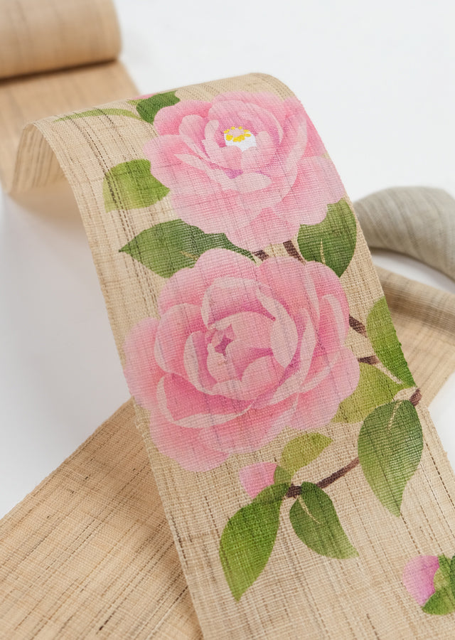 Hand-dyed Linen Japanese Narrow Tapestry - Camellia Otome -, Kyoto Noren, Japanese wall hanging scroll