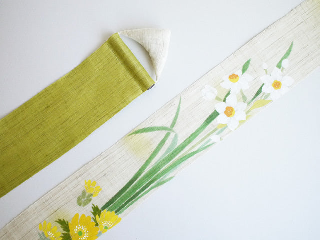Hand-dyed Linen Japanese Narrow Tapestry - Narcissus and Adonis Ramosa -, Kyoto Noren, Japanese wall hanging scroll