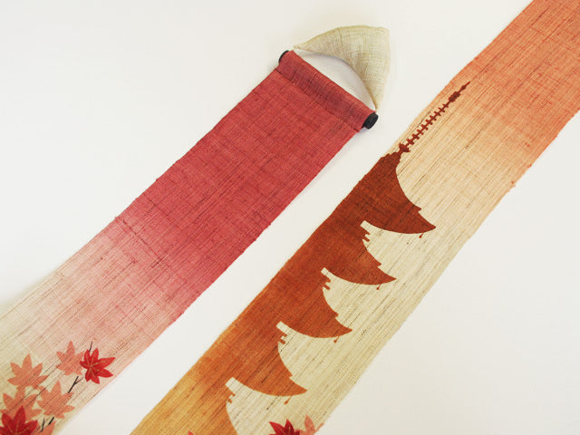 and-dyed Linen Japanese Narrow Tapestry - Maple and Five-storied Pagoda -, Kyoto Noren, Japanese wall hanging scroll