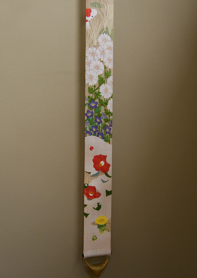 Hand-dyed Linen Japanese Narrow Tapestry with Yuzen Dyeing Technique - Four Seasons -, Kyoto Noren, Japanese wall hanging scroll