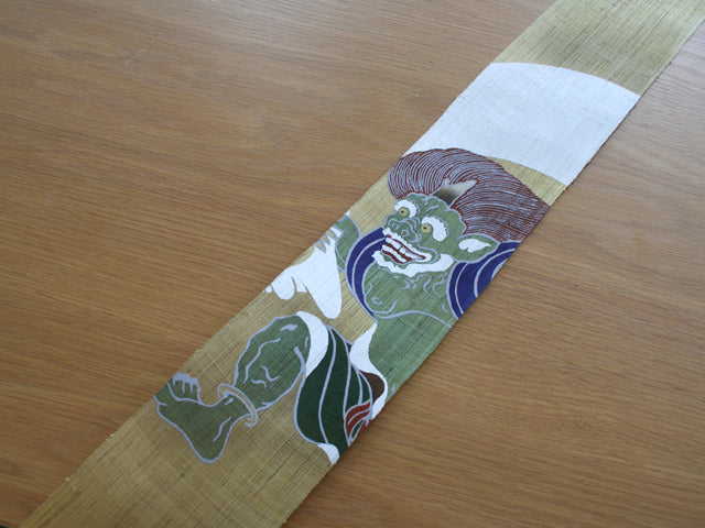Hand-dyed Linen Japanese Narrow Tapestry - Fujin & Raijin(Wind God & Thunder God) -, Kyoto Noren, Japanese wall hanging scroll