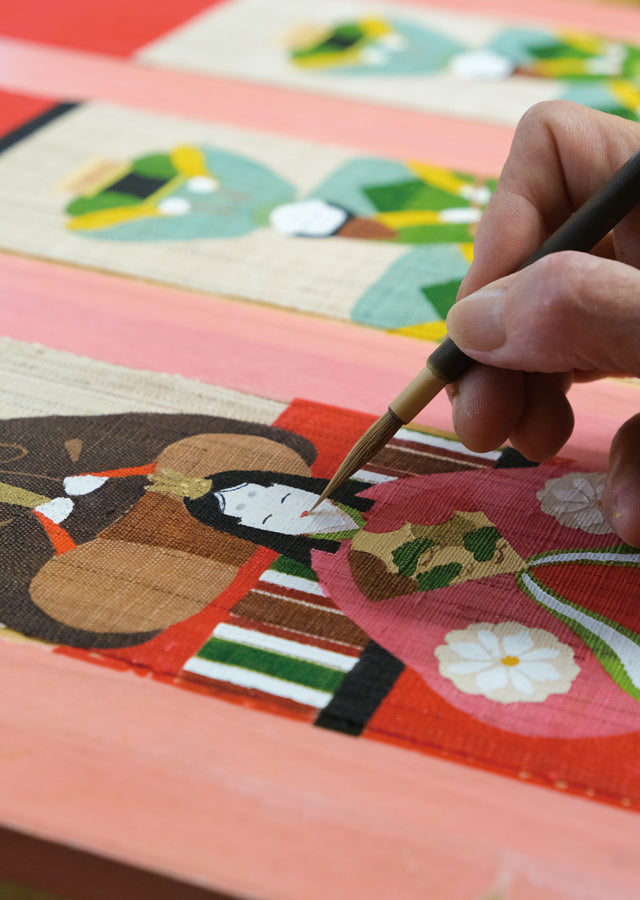 Hand-drawn and Hand-dyed Linen Japanese Narrow Tapestry - Hina Dolls -, Kyoto Noren, Japanese wall hanging scroll