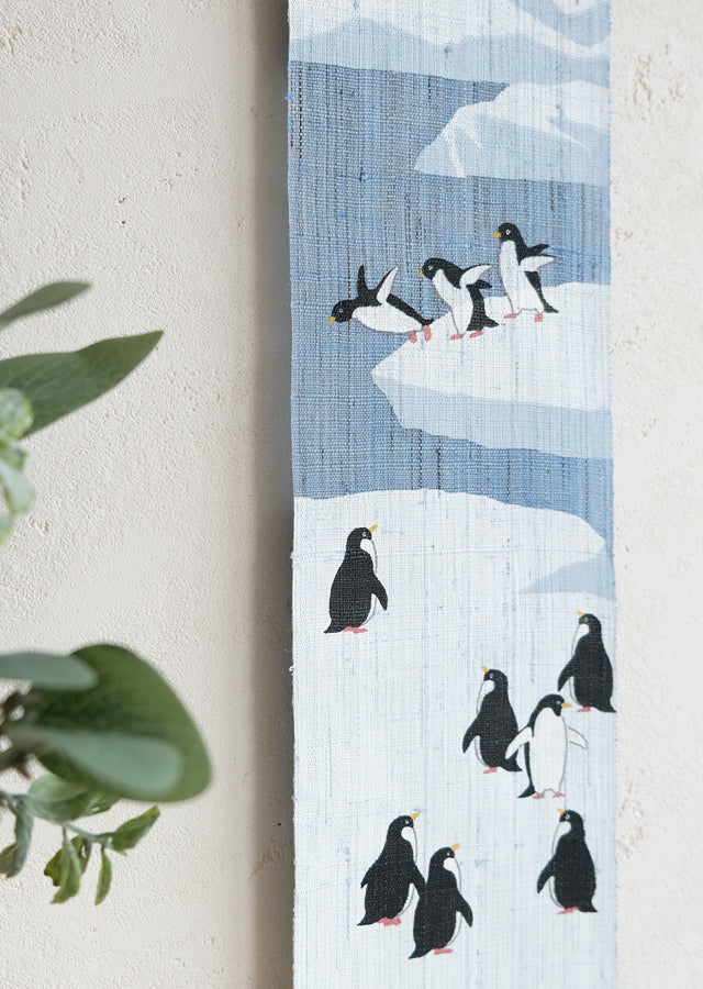 Hand-dyed Linen Japanese Narrow Tapestry - Penguin -, Kyoto Noren, Japanese wall hanging scroll