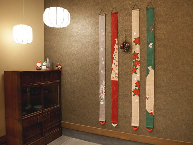 Hand-dyed Linen Japanese Narrow Tapestry - Poinsettia -, Kyoto Noren, Japanese wall hanging scroll