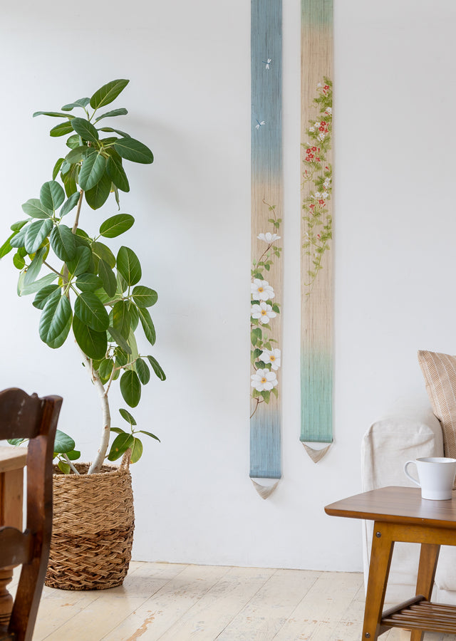 Hand-dyed Linen Japanese Narrow Tapestry - Cypress Vine -, Kyoto Noren, Japanese wall hanging scroll