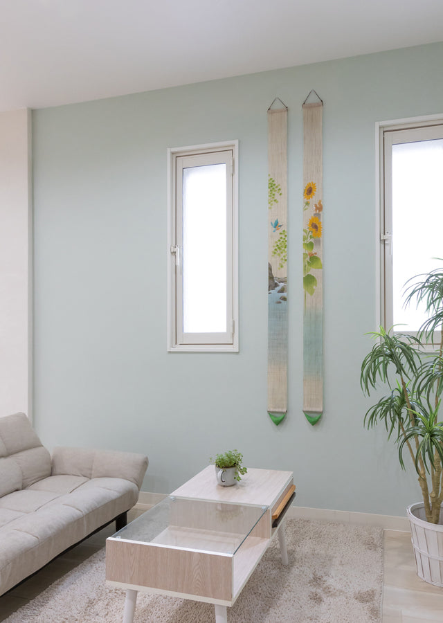 Hand-dyed Linen Japanese Narrow Tapestry - Sunflower and Squirrel -, Kyoto Noren, Japanese wall hanging scroll