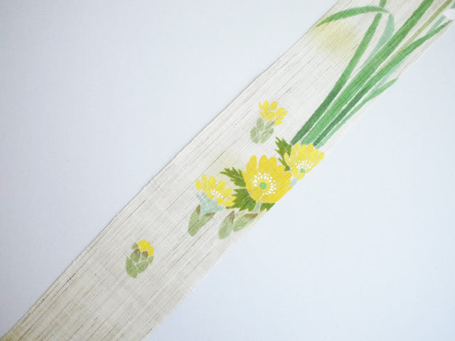 Hand-dyed Linen Japanese Narrow Tapestry - Narcissus and Adonis Ramosa -, Kyoto Noren, Japanese wall hanging scroll
