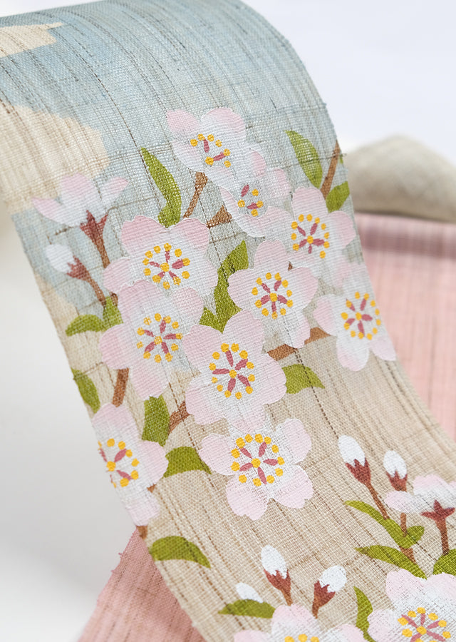 Hand-dyed Linen Japanese Narrow Tapestry - Mt.Fuji and Cherry Blossom -, Kyoto Noren, Japanese wall hanging scroll