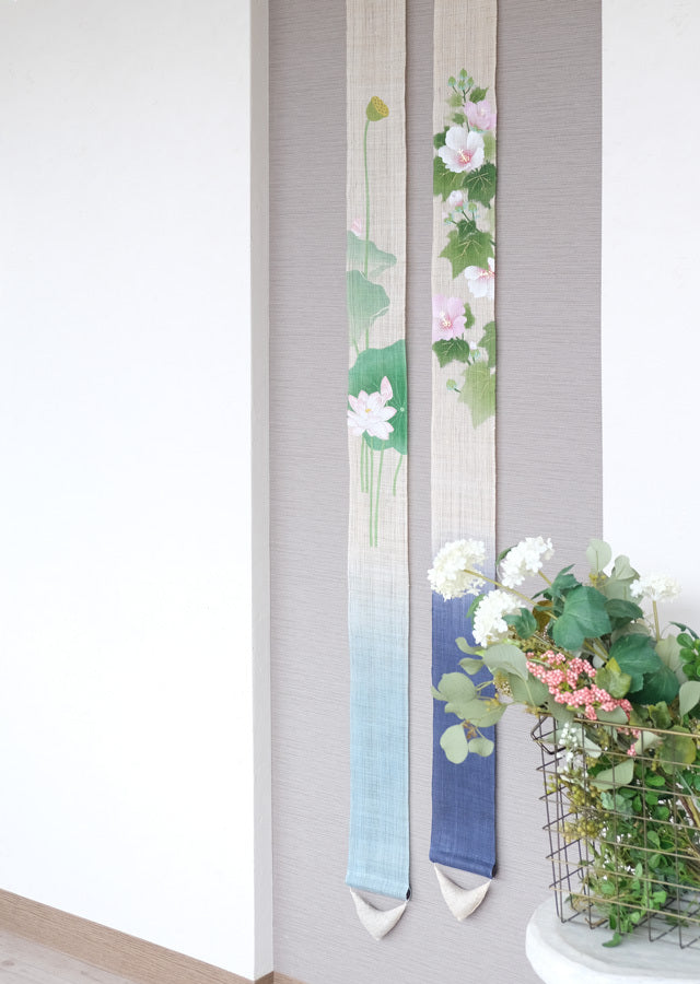 Hand-dyed Linen Japanese Narrow Tapestry - Lotus Flower -, Kyoto Noren, Japanese wall hanging scroll