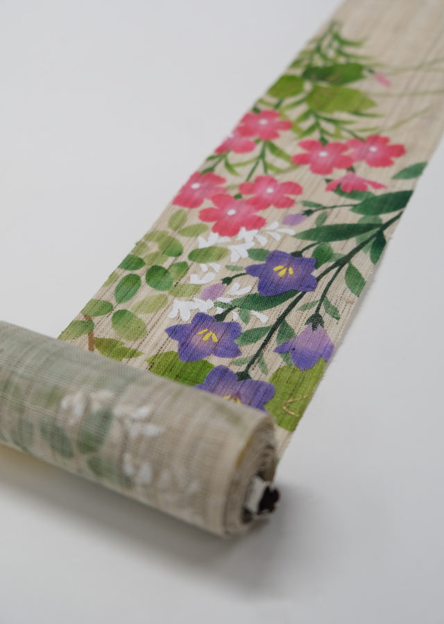 Hand-drawn and Hand-dyed Linen Japanese Narrow Tapestry - The Seven Flowers of Autumn -, Kyoto Noren, Japanese wall hanging scroll