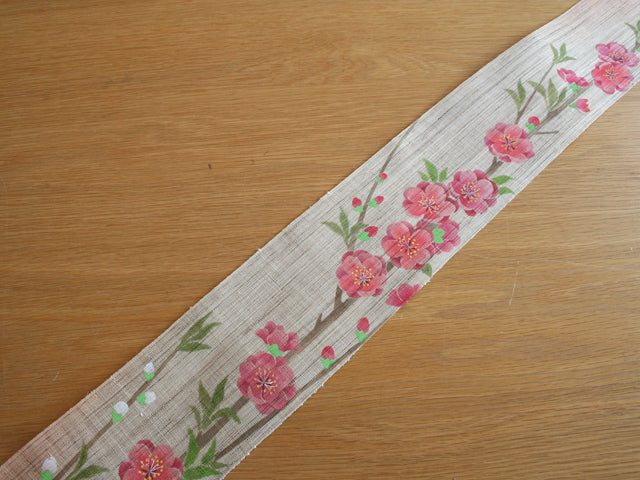 Hand-dyed Linen Japanese Narrow Tapestry - Peach Blossom -, Kyoto Noren, Japanese wall hanging scroll