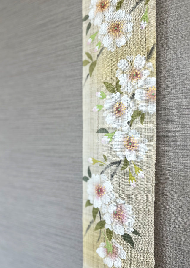 Hand-dyed Linen Japanese Narrow Tapestry - Double Cherry Blossom or Prunus Serrulata -, Kyoto Noren, Japanese wall hanging scroll