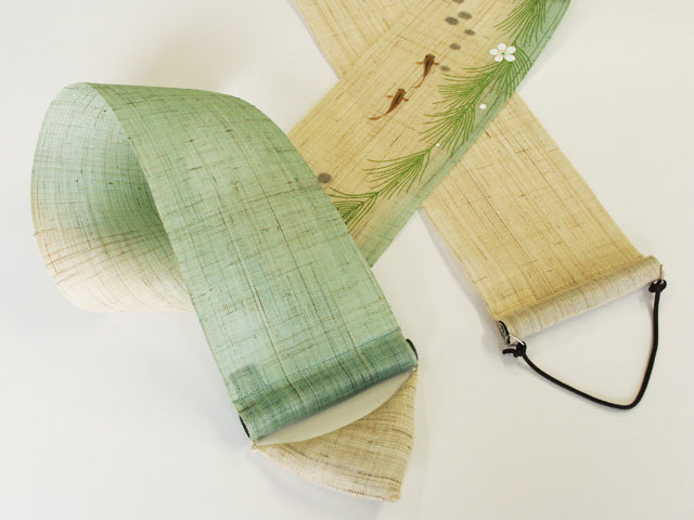 Hand-dyed Linen Japanese Narrow Tapestry - Baikamo (plum flower water plant) -, Kyoto Noren, Japanese wall hanging scroll