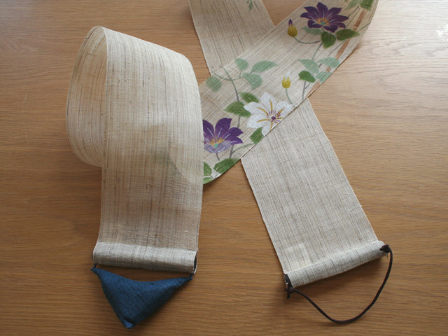 Hand-dyed Linen Japanese Narrow Tapestry - Clematis Patens -, Kyoto Noren, Japanese wall hanging scroll