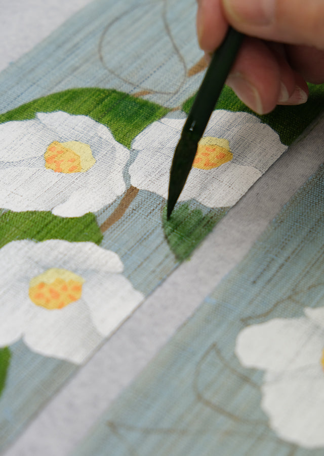 Hand-dyed Linen Japanese Narrow Tapestry - Stewartia Monadelpha -, Kyoto Noren, Japanese wall hanging scroll