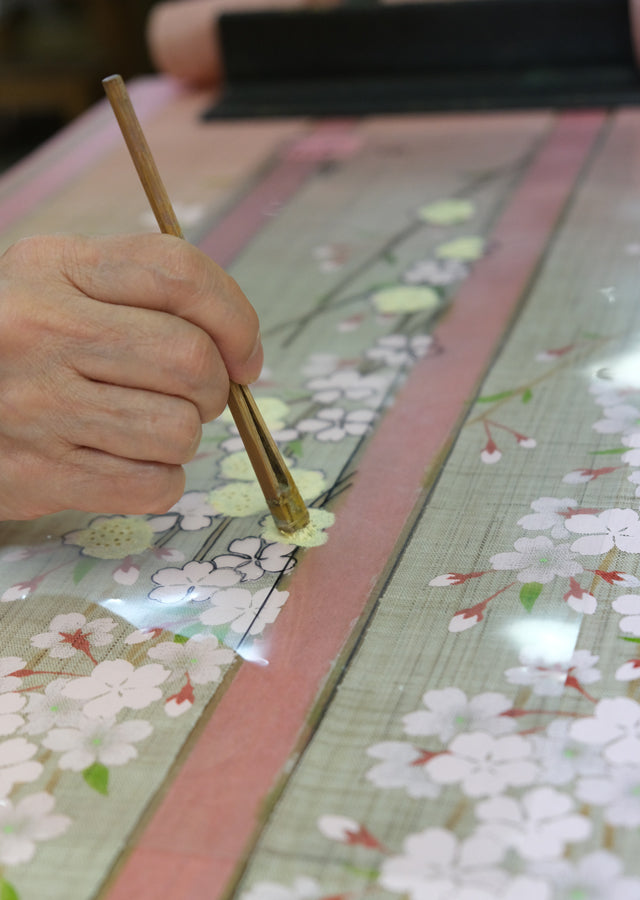 Hand-dyed Linen Japanese Narrow Tapestry - Weeping Cherry Blossom -, Kyoto Noren, Japanese wall hanging scroll