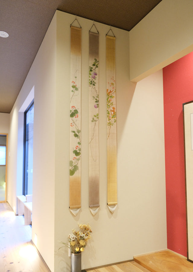 Hand-dyed Linen Japanese Narrow Tapestry - Chocolate Vine -, Kyoto Noren, Japanese wall hanging scroll