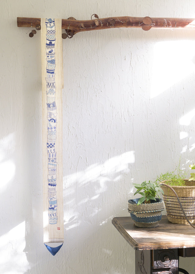 Hand-dyed Linen Japanese Narrow Tapestry - Stack Up Japanese Soba Choko Cup -, Kyoto Noren, Japanese wall hanging scroll
