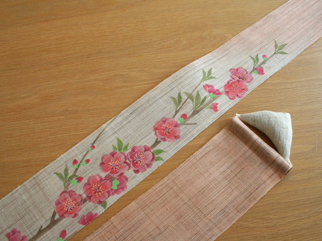 Hand-dyed Linen Japanese Narrow Tapestry - Peach Blossom -, Kyoto Noren, Japanese wall hanging scroll