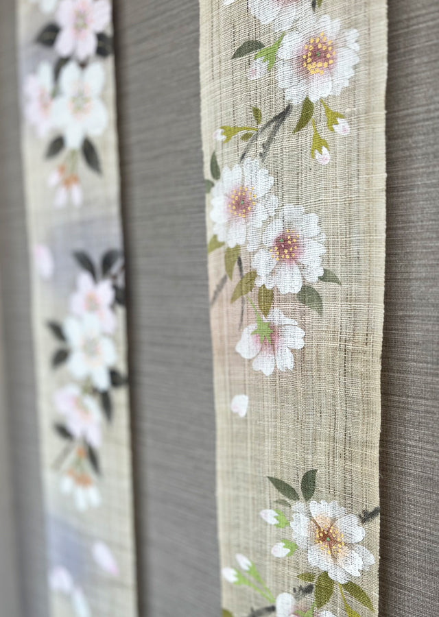 Hand-dyed Linen Japanese Narrow Tapestry - Double Cherry Blossom or Prunus Serrulata -, Kyoto Noren, Japanese wall hanging scroll