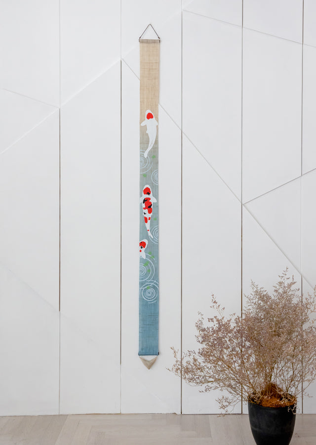 Hand-dyed Linen Japanese Narrow Tapestry - Colored Carp -, Kyoto Noren, Japanese wall hanging scroll