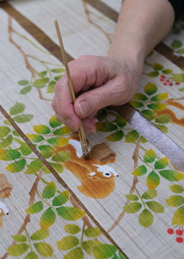 Hand-dyed Linen Japanese Narrow Tapestry - Squirrel -, Kyoto Noren, Japanese wall hanging scroll