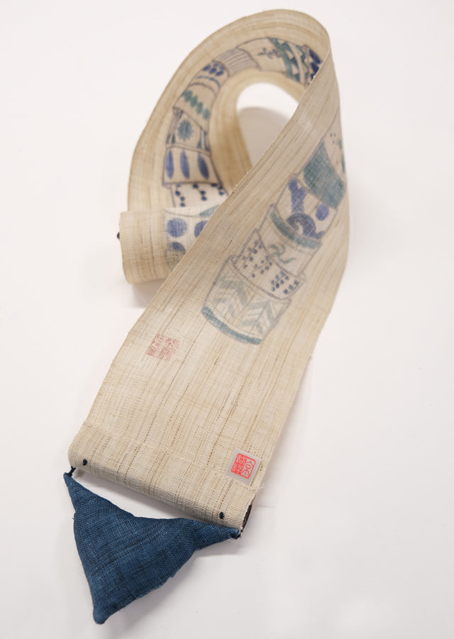 Hand-dyed Linen Japanese Narrow Tapestry - Stack Up Japanese Soba Choko Cup -, Kyoto Noren, Japanese wall hanging scroll