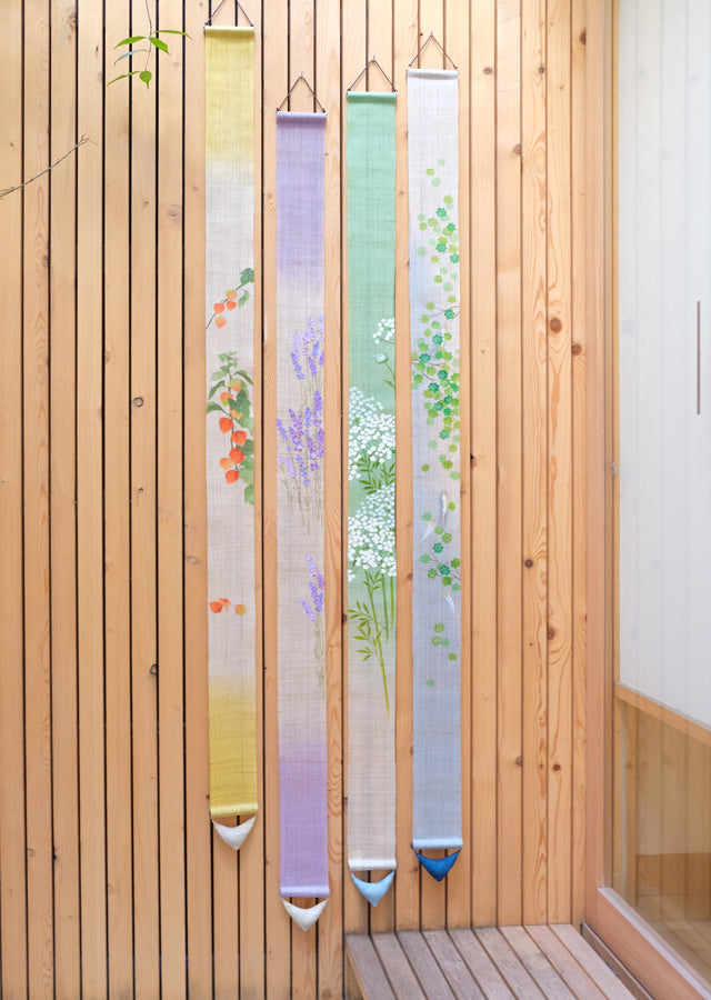 Hand-dyed Linen Japanese Narrow Tapestry - Lavender -, Kyoto Noren, Japanese wall hanging scroll