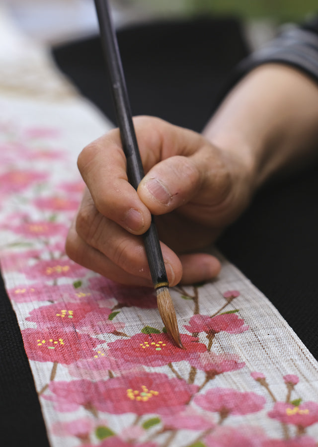 Hand-drawn and Hand-dyed Linen Japanese Narrow Tapestry - Weeping Cherry Blossom -, Kyoto Noren, Japanese wall hanging scroll