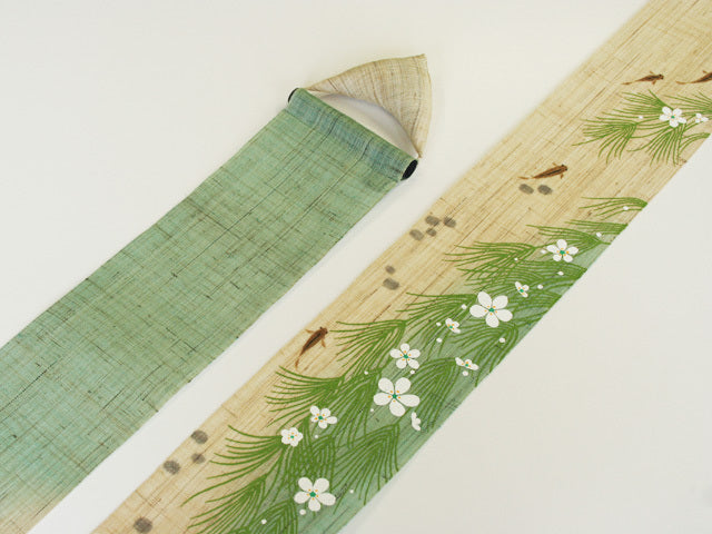 Hand-dyed Linen Japanese Narrow Tapestry - Baikamo (plum flower water plant) -, Kyoto Noren, Japanese wall hanging scroll
