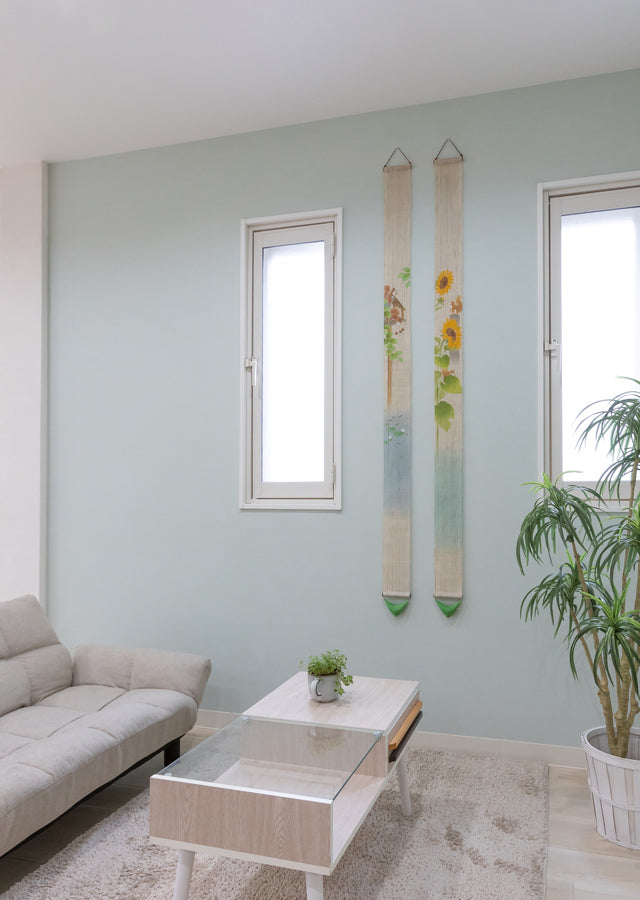 Hand-dyed Linen Japanese Narrow Tapestry - Sunflower and Squirrel -, Kyoto Noren, Japanese wall hanging scroll