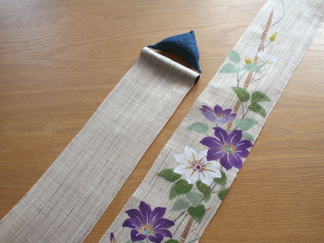 Hand-dyed Linen Japanese Narrow Tapestry - Clematis Patens -, Kyoto Noren, Japanese wall hanging scroll