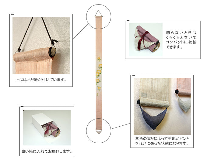 Hand-dyed Linen Japanese Narrow Tapestry - Long-tailed Tit -, Kyoto Noren, Japanese wall hanging scroll