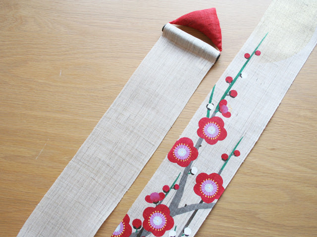 Hand-dyed Linen Japanese Narrow Tapestry - Japanese Apricot -, Kyoto Noren, Japanese wall hanging scroll