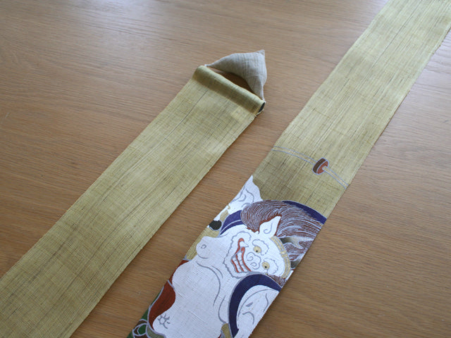 Hand-dyed Linen Japanese Narrow Tapestry - Fujin & Raijin(Wind God & Thunder God) -, Kyoto Noren, Japanese wall hanging scroll