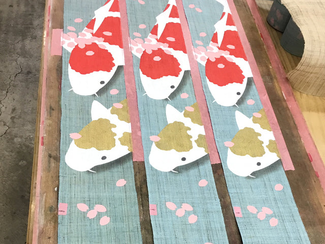 Hand-dyed Linen Japanese Narrow Tapestry - Japanese Koi Fish -, Kyoto Noren, Japanese wall hanging scroll