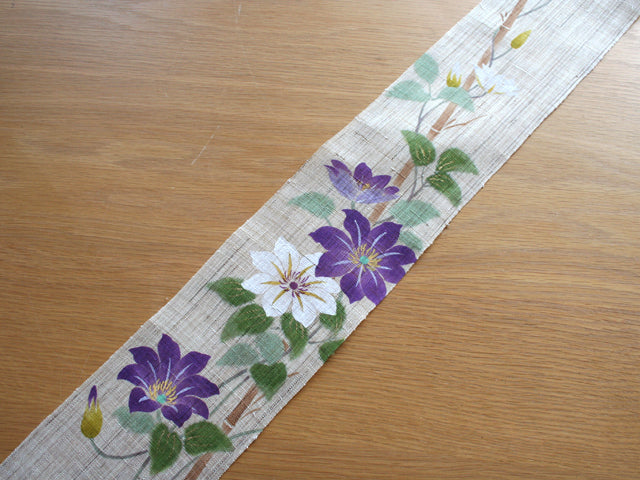 Hand-dyed Linen Japanese Narrow Tapestry - Clematis Patens -, Kyoto Noren, Japanese wall hanging scroll