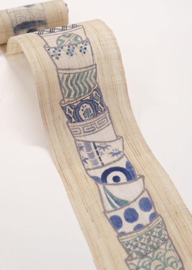 Hand-dyed Linen Japanese Narrow Tapestry - Stack Up Japanese Soba Choko Cup -, Kyoto Noren, Japanese wall hanging scroll