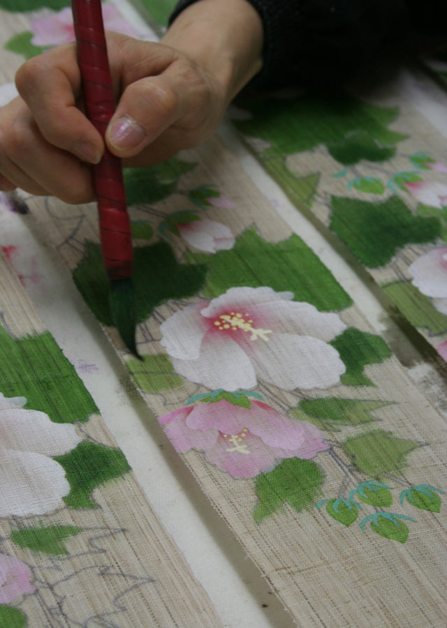Hand-dyed Linen Japanese Narrow Tapestry - Hibiscus mutabilis cv. Versicolor -, Kyoto Noren, Japanese wall hanging scroll