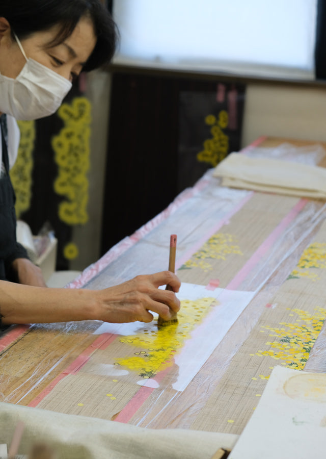 Hand-dyed Linen Japanese Narrow Tapestry - Mimosa -, Kyoto Noren, Japanese wall hanging scroll
