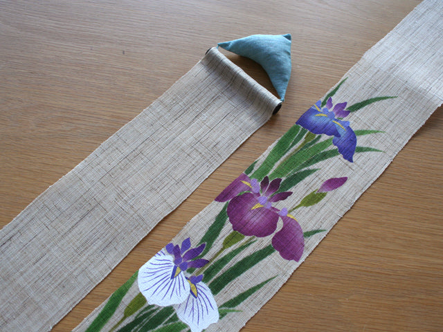 Hand-dyed Linen Japanese Narrow Tapestry - Iris -, Kyoto Noren, Japanese wall hanging scroll