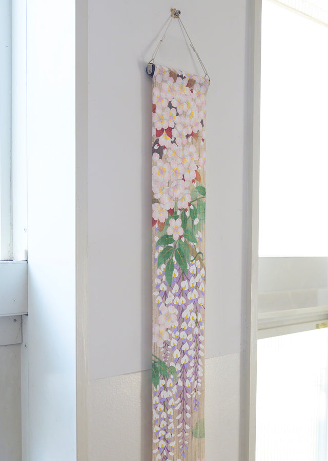 Hand-dyed Linen Japanese Narrow Tapestry with Yuzen Dyeing Technique - Four Seasons -, Kyoto Noren, Japanese wall hanging scroll