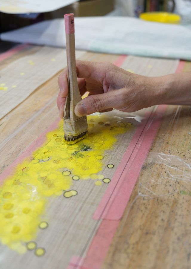 Hand-dyed Linen Japanese Narrow Tapestry - Mimosa -, Kyoto Noren, Japanese wall hanging scroll