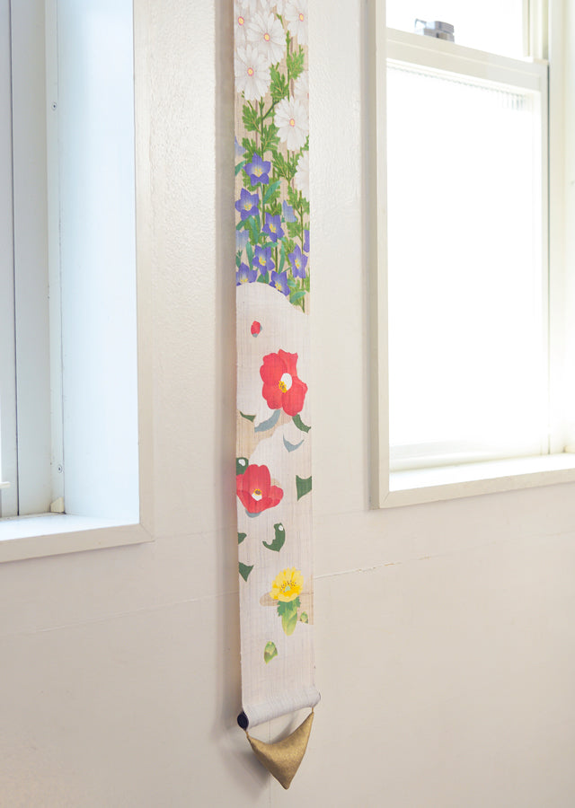 Hand-dyed Linen Japanese Narrow Tapestry with Yuzen Dyeing Technique - Four Seasons -, Kyoto Noren, Japanese wall hanging scroll