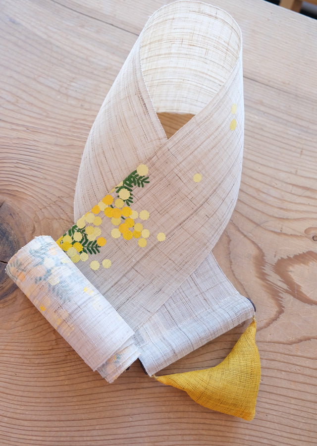 Hand-dyed Linen Japanese Narrow Tapestry - Mimosa -, Kyoto Noren, Japanese wall hanging scroll