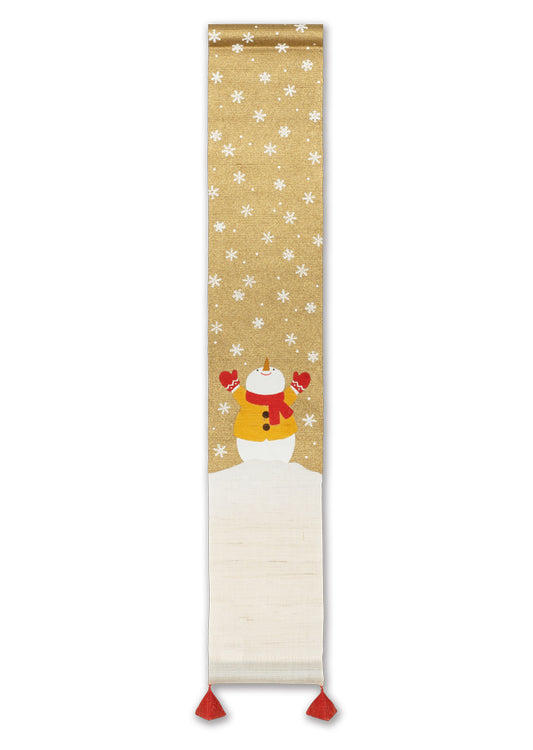 Hand-dyed Linen Japanese Small Tapestry - Snowman / Gold -, Kyoto Noren, Japanese wall hanging scroll
